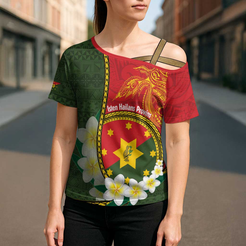 Personalised PNG Isten Hailans Provins Cross Shoulder Shirt Papua New Guinea Plumeria Melanesian Pattern LT14 - Polynesian Pride