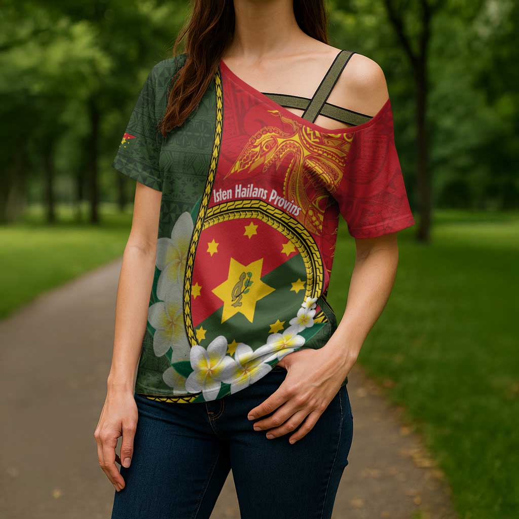 Personalised PNG Isten Hailans Provins Cross Shoulder Shirt Papua New Guinea Plumeria Melanesian Pattern LT14 - Polynesian Pride