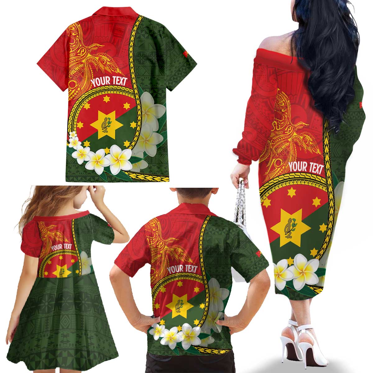 Personalised PNG Isten Hailans Provins Family Matching Off The Shoulder Long Sleeve Dress and Hawaiian Shirt Papua New Guinea Plumeria Melanesian Pattern LT14 - Polynesian Pride