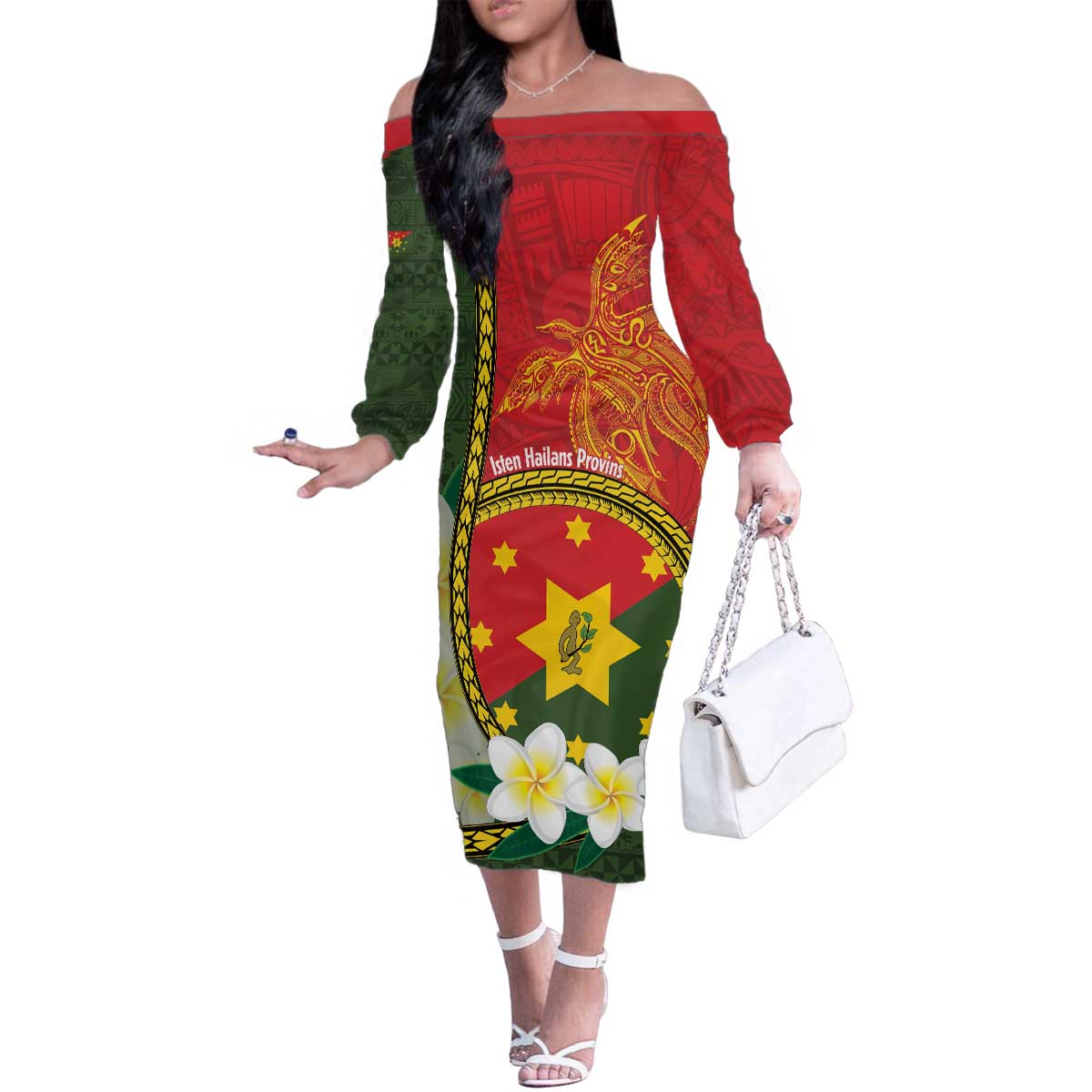 Personalised PNG Isten Hailans Provins Family Matching Off The Shoulder Long Sleeve Dress and Hawaiian Shirt Papua New Guinea Plumeria Melanesian Pattern LT14 Mom's Dress Green - Polynesian Pride