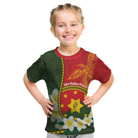 Personalised PNG Isten Hailans Provins Kid T Shirt Papua New Guinea Plumeria Melanesian Pattern LT14 Green - Polynesian Pride