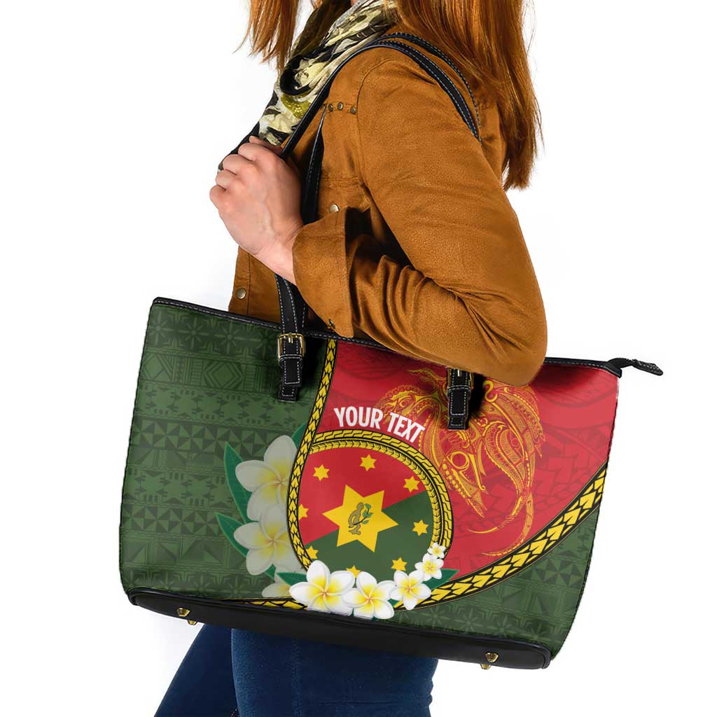 Personalised PNG Isten Hailans Provins Leather Tote Bag Papua New Guinea Plumeria Melanesian Pattern LT14 Green - Polynesian Pride