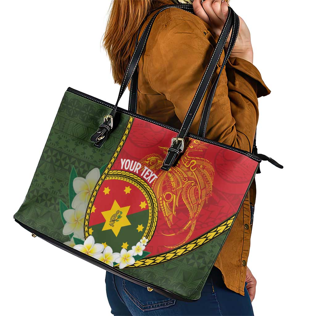 Personalised PNG Isten Hailans Provins Leather Tote Bag Papua New Guinea Plumeria Melanesian Pattern LT14 - Polynesian Pride