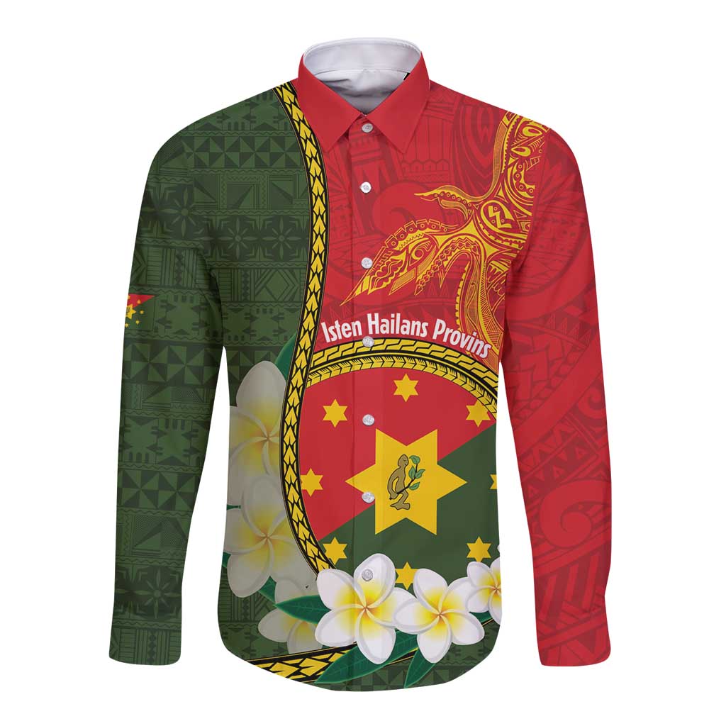 Personalised PNG Isten Hailans Provins Long Sleeve Button Shirt Papua New Guinea Plumeria Melanesian Pattern LT14 Unisex Green - Polynesian Pride