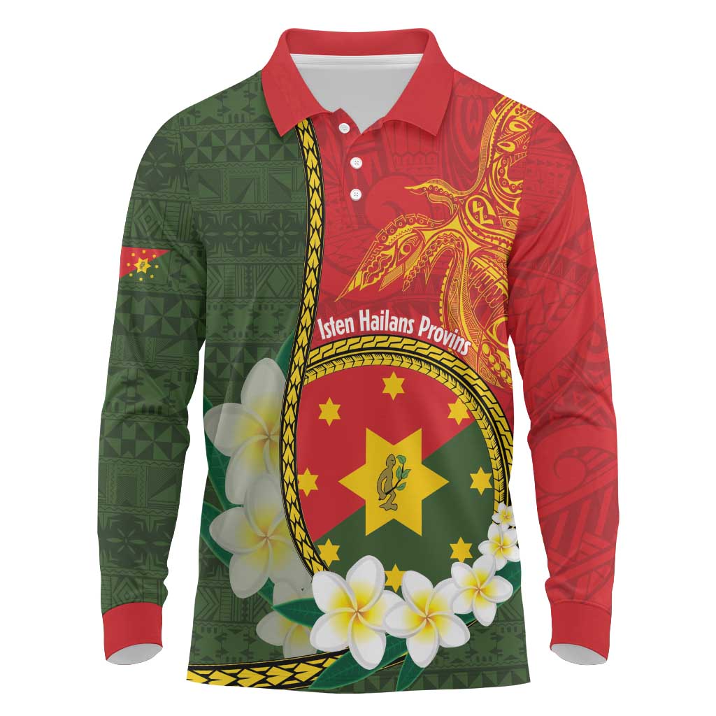Personalised PNG Isten Hailans Provins Long Sleeve Polo Shirt Papua New Guinea Plumeria Melanesian Pattern LT14 Green - Polynesian Pride
