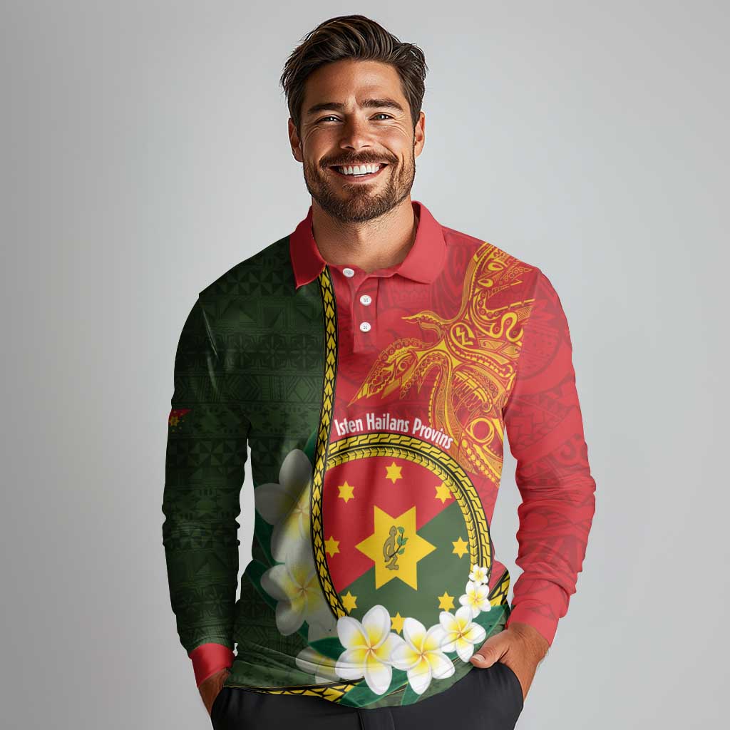 Personalised PNG Isten Hailans Provins Long Sleeve Polo Shirt Papua New Guinea Plumeria Melanesian Pattern LT14 - Polynesian Pride