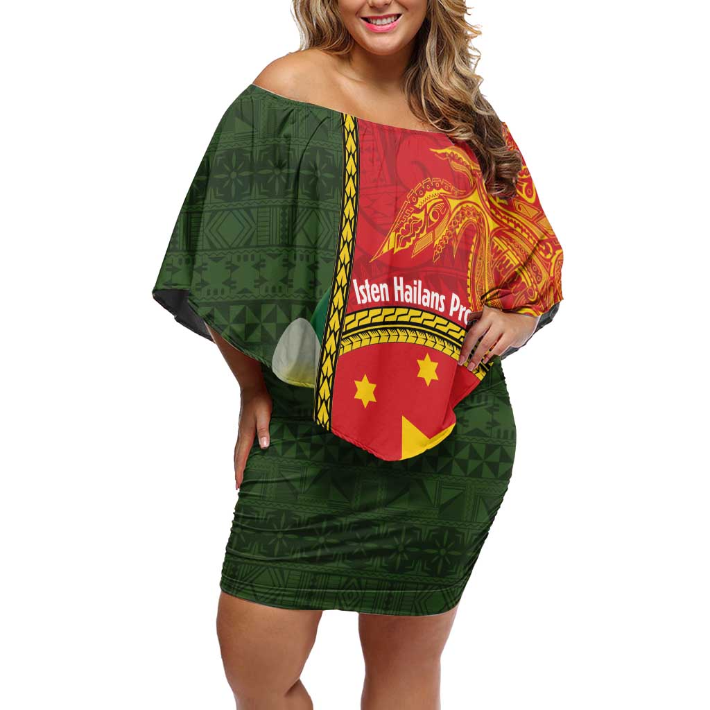 Personalised PNG Isten Hailans Provins Off Shoulder Short Dress Papua New Guinea Plumeria Melanesian Pattern LT14 Women Green - Polynesian Pride