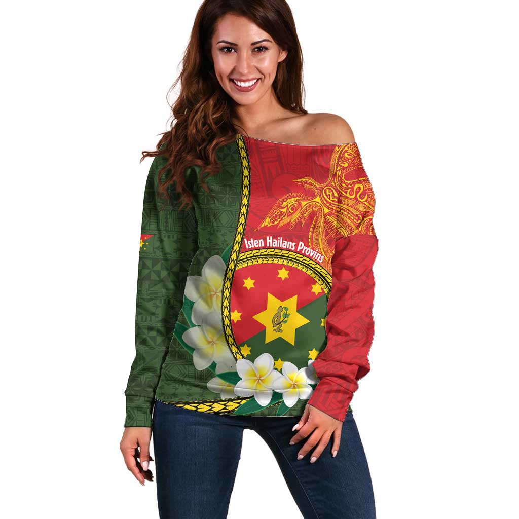 Personalised PNG Isten Hailans Provins Off Shoulder Sweater Papua New Guinea Plumeria Melanesian Pattern LT14 Women Green - Polynesian Pride