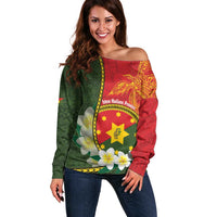 Personalised PNG Isten Hailans Provins Off Shoulder Sweater Papua New Guinea Plumeria Melanesian Pattern LT14 Women Green - Polynesian Pride