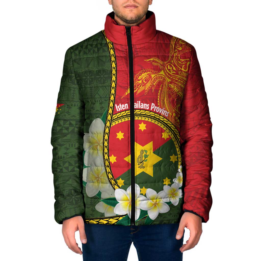Personalised PNG Isten Hailans Provins Padded Jacket Papua New Guinea Plumeria Melanesian Pattern LT14 Green - Polynesian Pride
