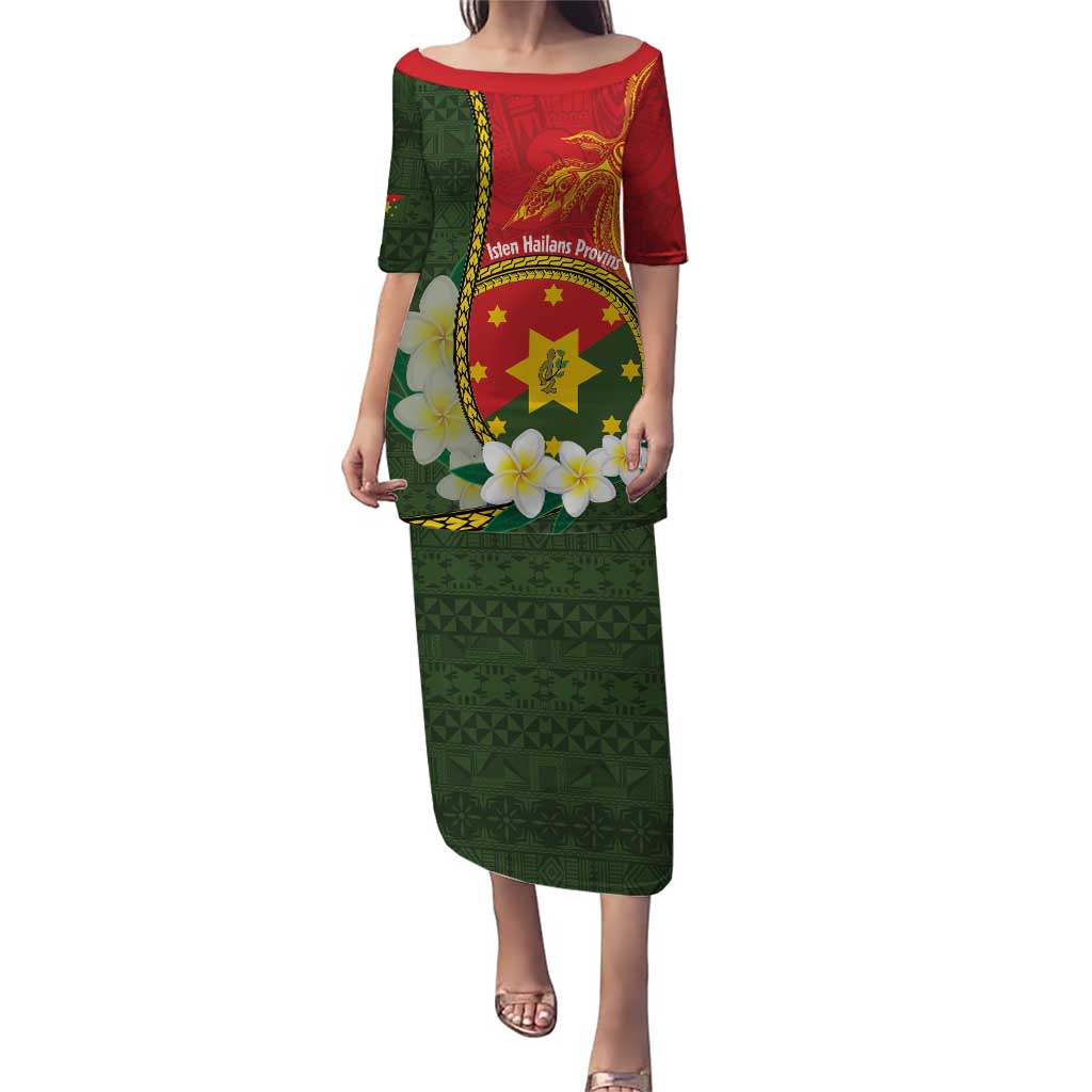 Personalised PNG Isten Hailans Provins Puletasi Papua New Guinea Plumeria Melanesian Pattern LT14 Long Dress Green - Polynesian Pride