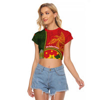 Personalised PNG Isten Hailans Provins Raglan Cropped T Shirt Papua New Guinea Plumeria Melanesian Pattern LT14 Female Green - Polynesian Pride