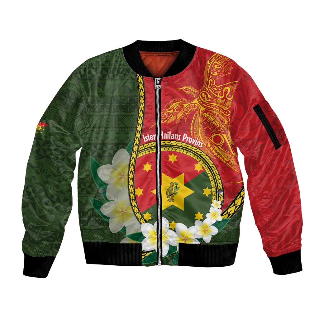 Personalised PNG Isten Hailans Provins Sleeve Zip Bomber Jacket Papua New Guinea Plumeria Melanesian Pattern LT14 Unisex Green - Polynesian Pride