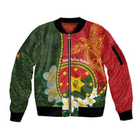 Personalised PNG Isten Hailans Provins Sleeve Zip Bomber Jacket Papua New Guinea Plumeria Melanesian Pattern LT14 Unisex Green - Polynesian Pride
