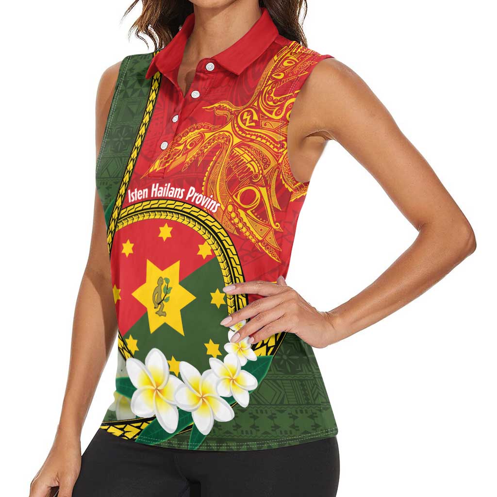 Personalised PNG Isten Hailans Provins Women Sleeveless Polo Shirt Papua New Guinea Plumeria Melanesian Pattern LT14 - Polynesian Pride
