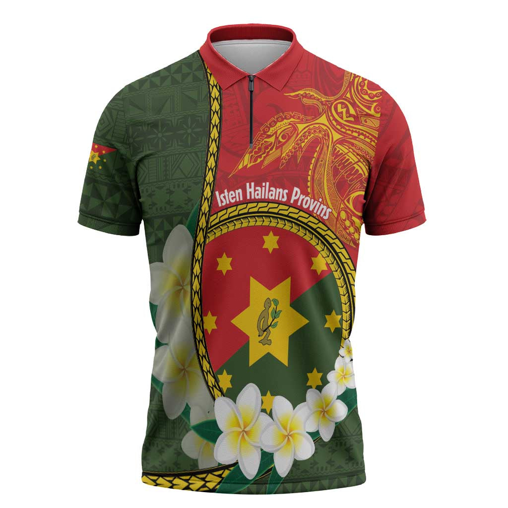 Personalised PNG Isten Hailans Provins Zipper Polo Shirt Papua New Guinea Plumeria Melanesian Pattern LT14 Green - Polynesian Pride