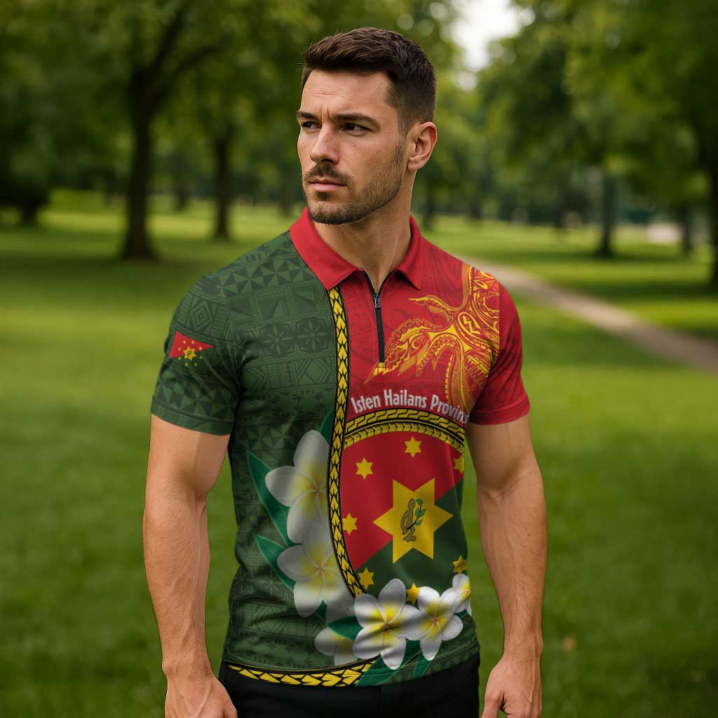 Personalised PNG Isten Hailans Provins Zipper Polo Shirt Papua New Guinea Plumeria Melanesian Pattern LT14 - Polynesian Pride