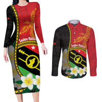 Personalised PNG Sauten Hailans Couples Matching Long Sleeve Bodycon Dress and Long Sleeve Button Shirt Papua New Guinea Plumeria Melanesian Pattern LT14 Red - Polynesian Pride