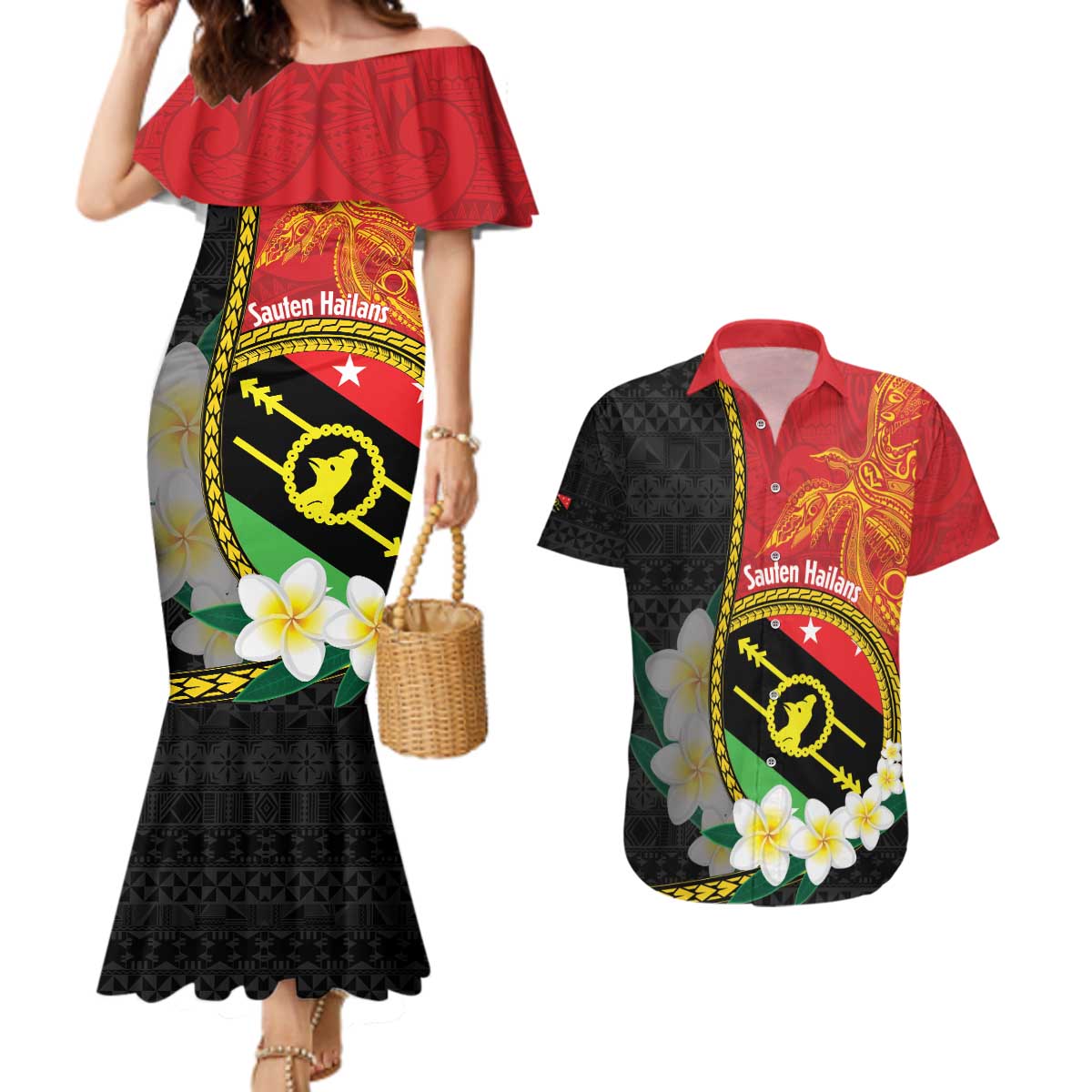 Personalised PNG Sauten Hailans Couples Matching Mermaid Dress and Hawaiian Shirt Papua New Guinea Plumeria Melanesian Pattern LT14 Red - Polynesian Pride