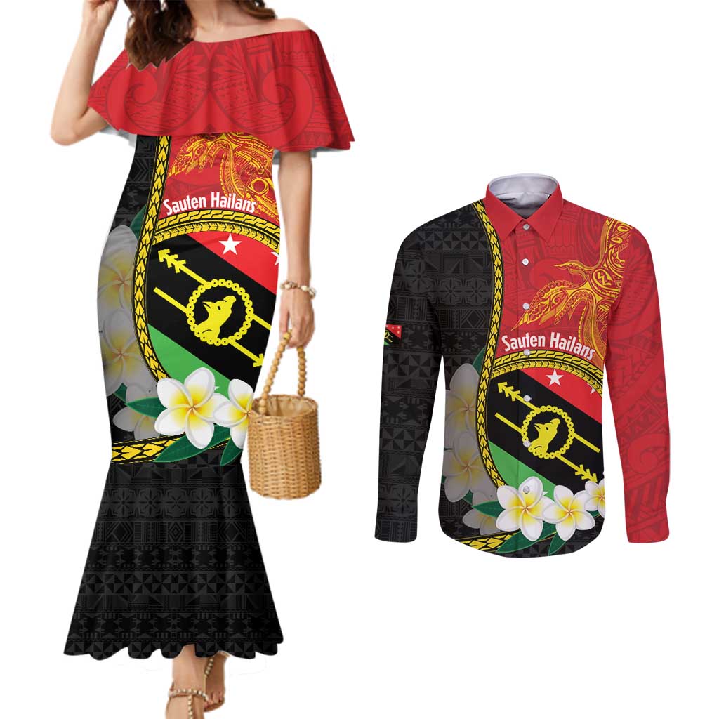 Personalised PNG Sauten Hailans Couples Matching Mermaid Dress and Long Sleeve Button Shirt Papua New Guinea Plumeria Melanesian Pattern LT14 Red - Polynesian Pride