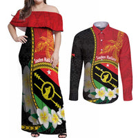 Personalised PNG Sauten Hailans Couples Matching Off Shoulder Maxi Dress and Long Sleeve Button Shirt Papua New Guinea Plumeria Melanesian Pattern LT14 Red - Polynesian Pride