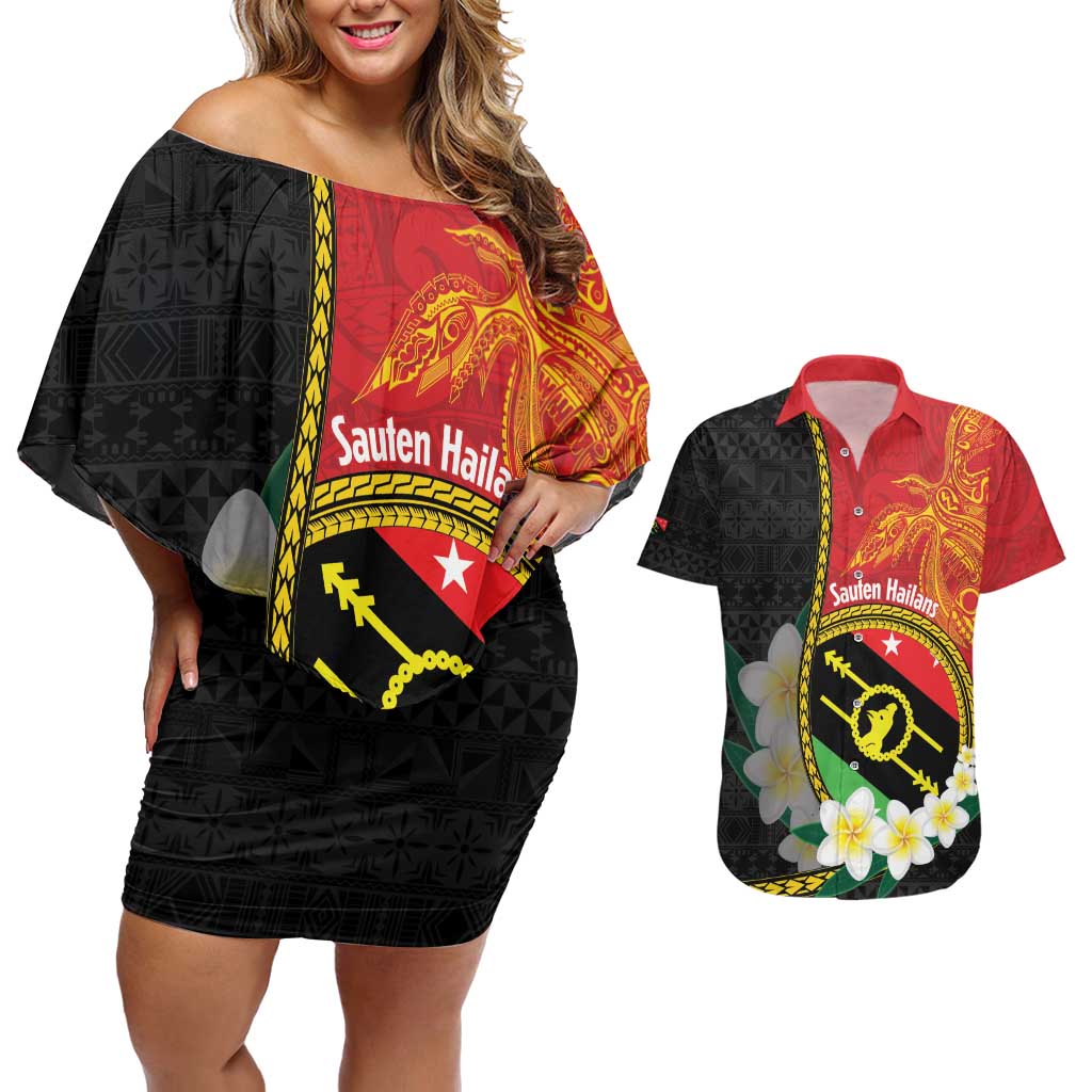 Personalised PNG Sauten Hailans Couples Matching Off Shoulder Short Dress and Hawaiian Shirt Papua New Guinea Plumeria Melanesian Pattern LT14 Red - Polynesian Pride