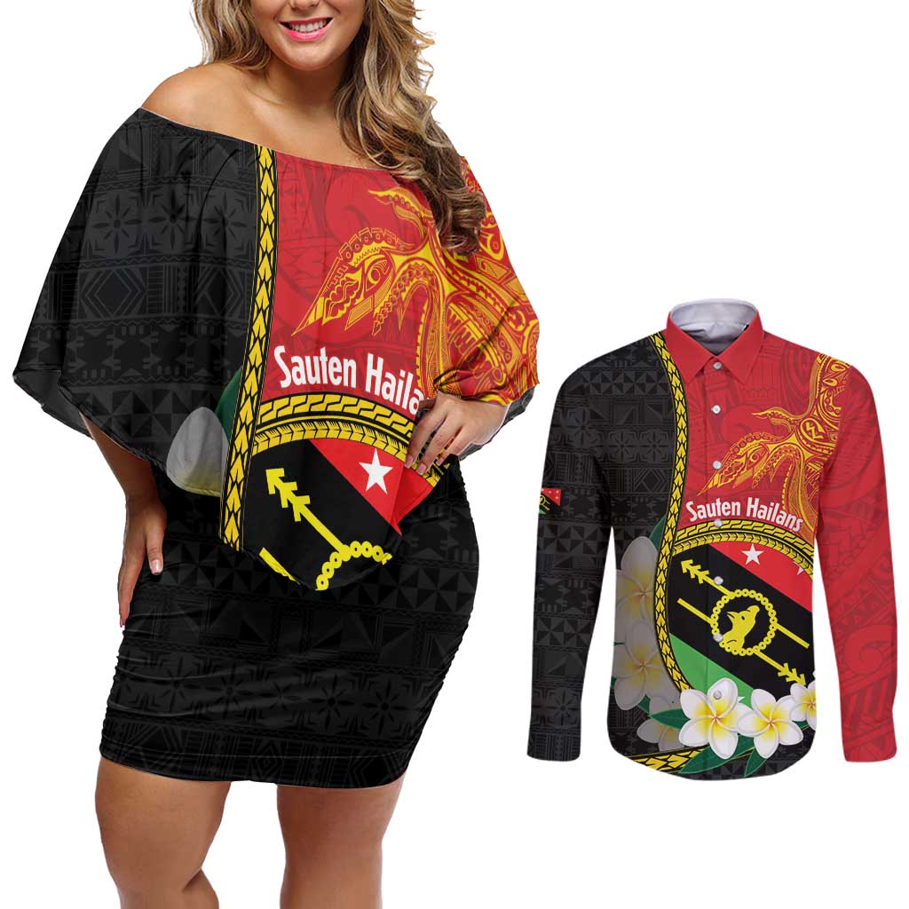 Personalised PNG Sauten Hailans Couples Matching Off Shoulder Short Dress and Long Sleeve Button Shirt Papua New Guinea Plumeria Melanesian Pattern LT14 Red - Polynesian Pride