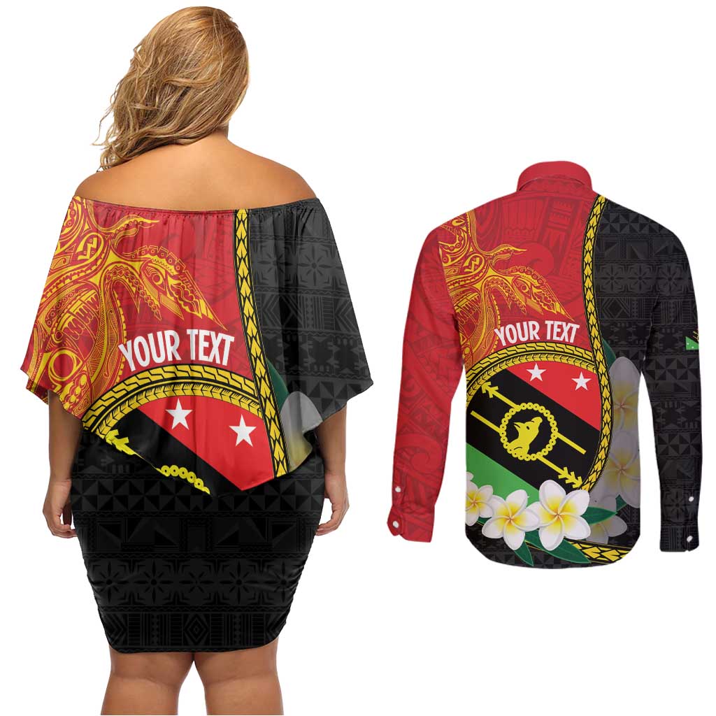 Personalised PNG Sauten Hailans Couples Matching Off Shoulder Short Dress and Long Sleeve Button Shirt Papua New Guinea Plumeria Melanesian Pattern LT14 - Polynesian Pride