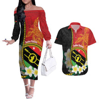 Personalised PNG Sauten Hailans Couples Matching Off The Shoulder Long Sleeve Dress and Hawaiian Shirt Papua New Guinea Plumeria Melanesian Pattern LT14 Red - Polynesian Pride