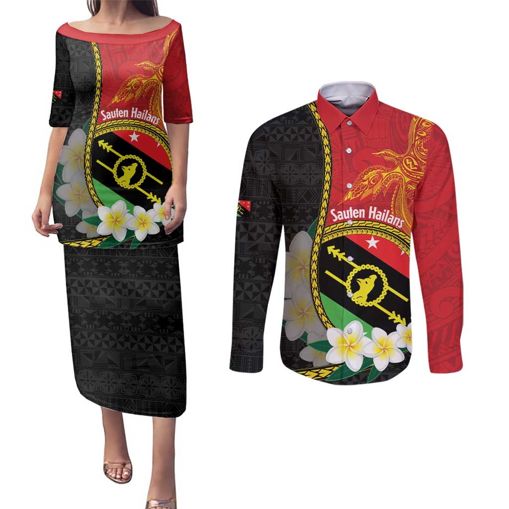 Personalised PNG Sauten Hailans Couples Matching Puletasi and Long Sleeve Button Shirt Papua New Guinea Plumeria Melanesian Pattern LT14 Red - Polynesian Pride