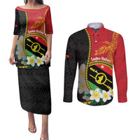 Personalised PNG Sauten Hailans Couples Matching Puletasi and Long Sleeve Button Shirt Papua New Guinea Plumeria Melanesian Pattern LT14 Red - Polynesian Pride