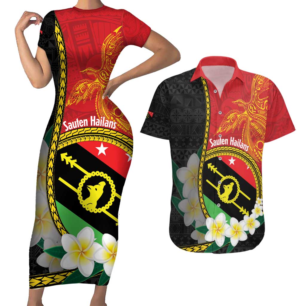 Personalised PNG Sauten Hailans Couples Matching Short Sleeve Bodycon Dress and Hawaiian Shirt Papua New Guinea Plumeria Melanesian Pattern LT14 Red - Polynesian Pride