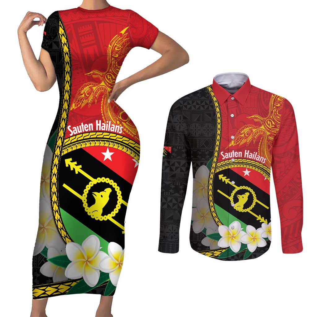 Personalised PNG Sauten Hailans Couples Matching Short Sleeve Bodycon Dress and Long Sleeve Button Shirt Papua New Guinea Plumeria Melanesian Pattern LT14 Red - Polynesian Pride