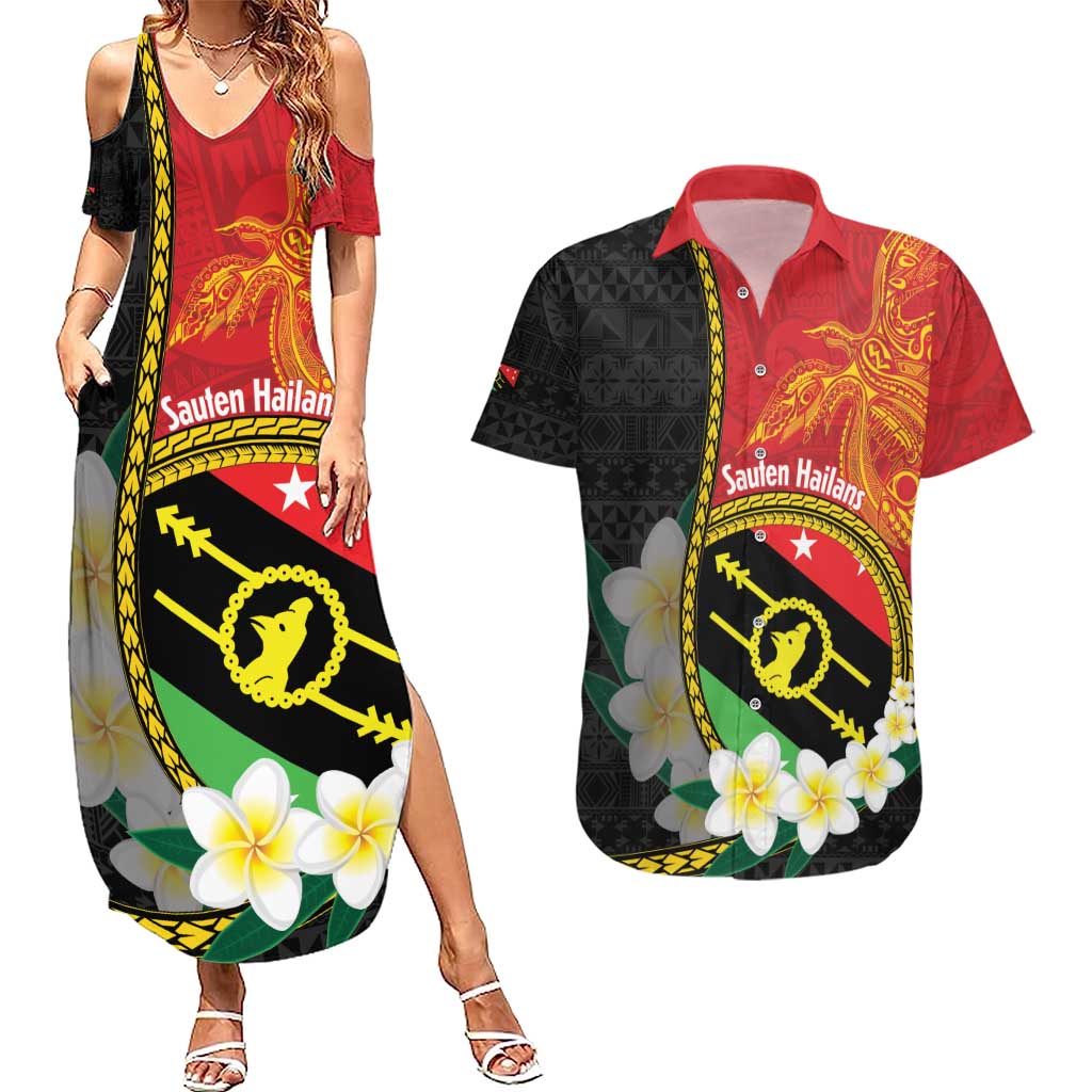 Personalised PNG Sauten Hailans Couples Matching Summer Maxi Dress and Hawaiian Shirt Papua New Guinea Plumeria Melanesian Pattern LT14 Red - Polynesian Pride