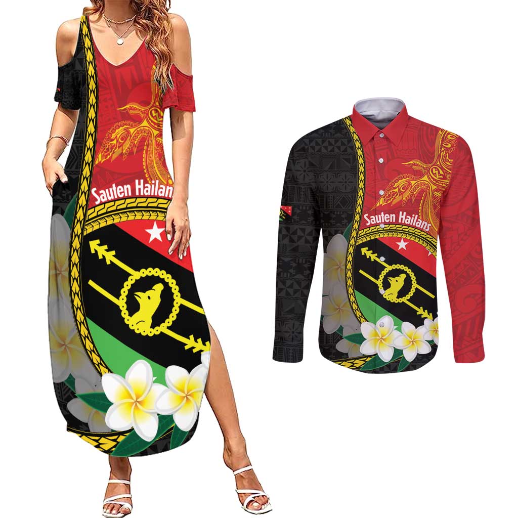 Personalised PNG Sauten Hailans Couples Matching Summer Maxi Dress and Long Sleeve Button Shirt Papua New Guinea Plumeria Melanesian Pattern LT14 Red - Polynesian Pride