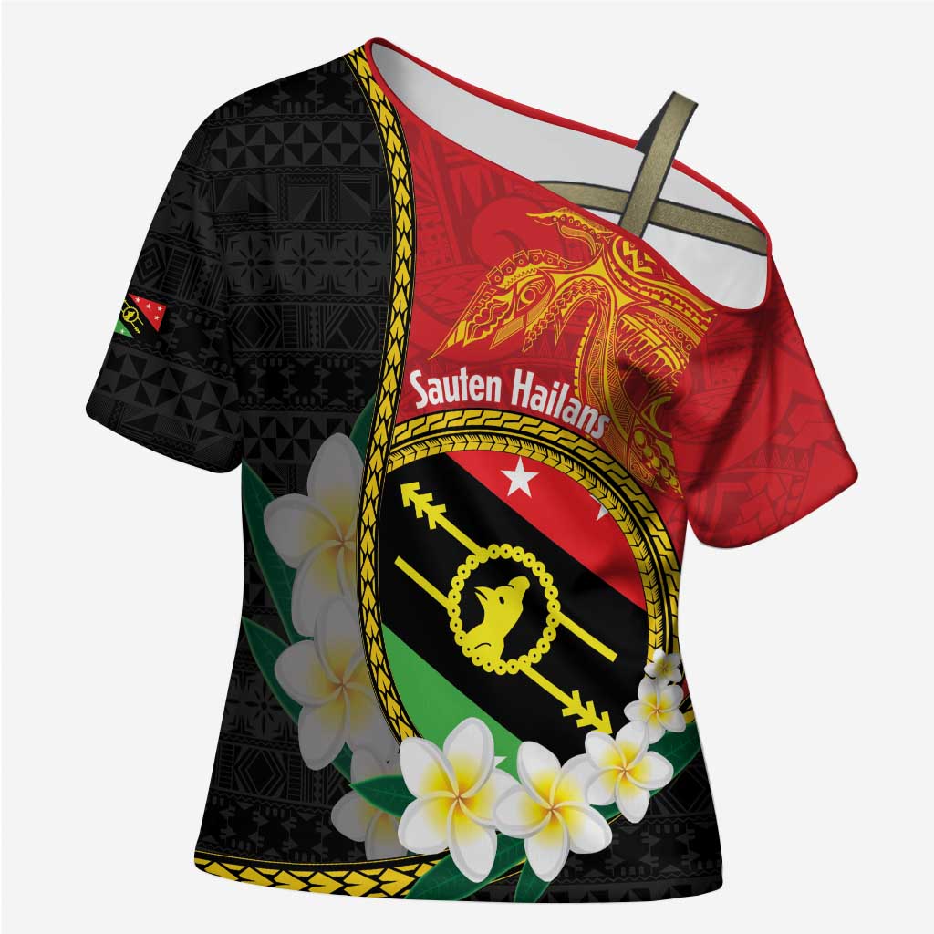Personalised PNG Sauten Hailans Cross Shoulder Shirt Papua New Guinea Plumeria Melanesian Pattern LT14 Female Red - Polynesian Pride
