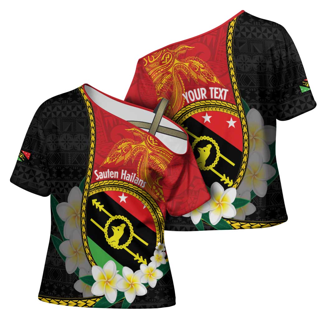 Personalised PNG Sauten Hailans Cross Shoulder Shirt Papua New Guinea Plumeria Melanesian Pattern LT14 - Polynesian Pride