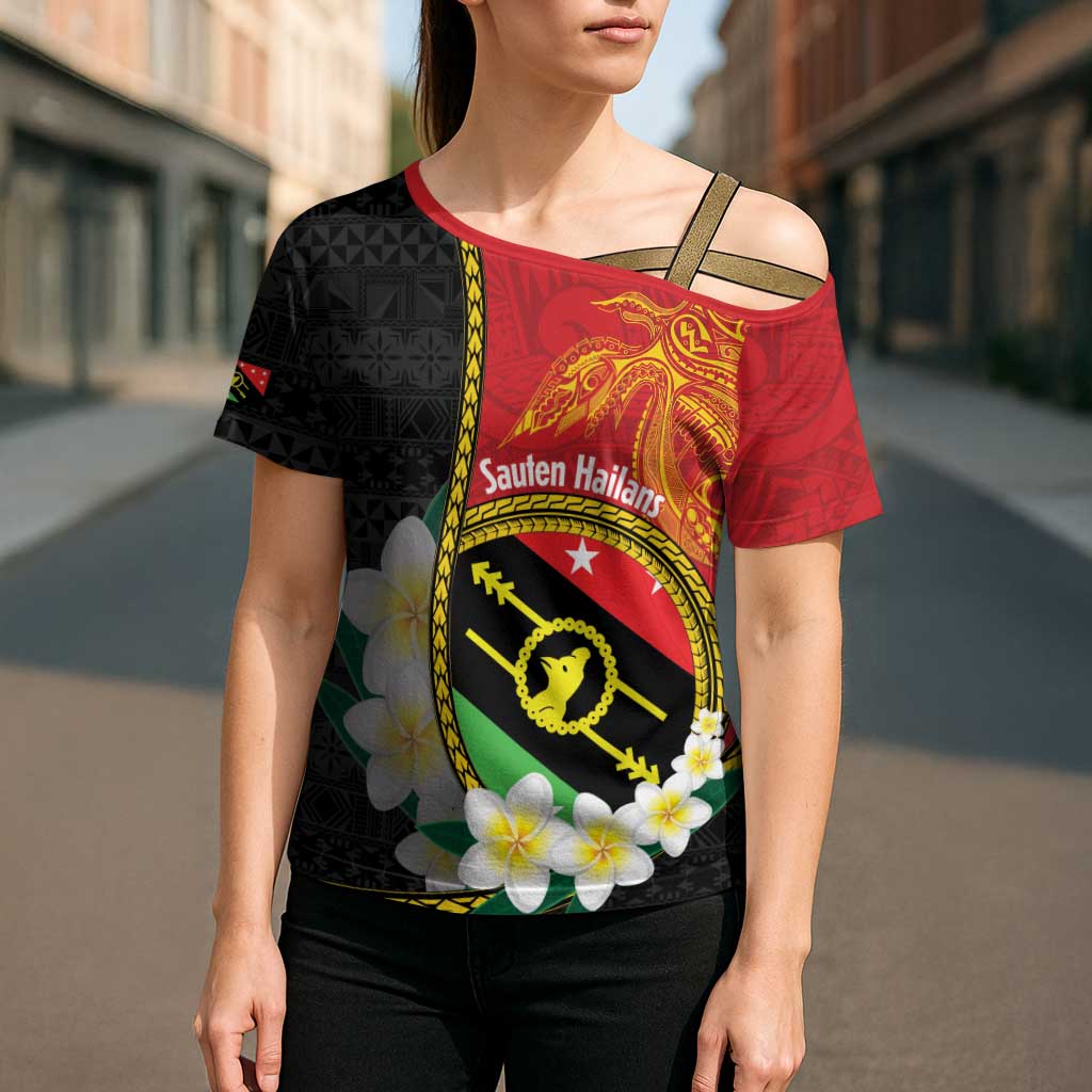 Personalised PNG Sauten Hailans Cross Shoulder Shirt Papua New Guinea Plumeria Melanesian Pattern LT14 - Polynesian Pride