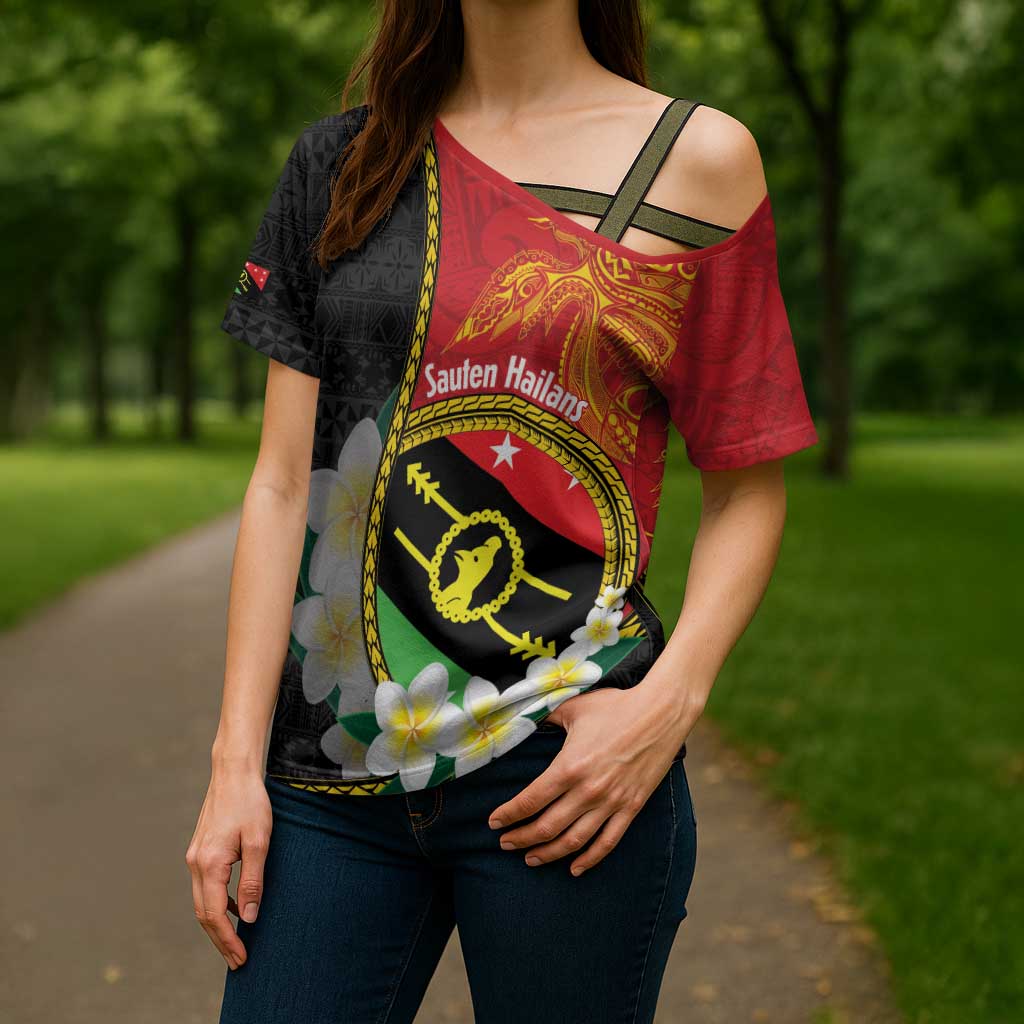 Personalised PNG Sauten Hailans Cross Shoulder Shirt Papua New Guinea Plumeria Melanesian Pattern LT14 - Polynesian Pride