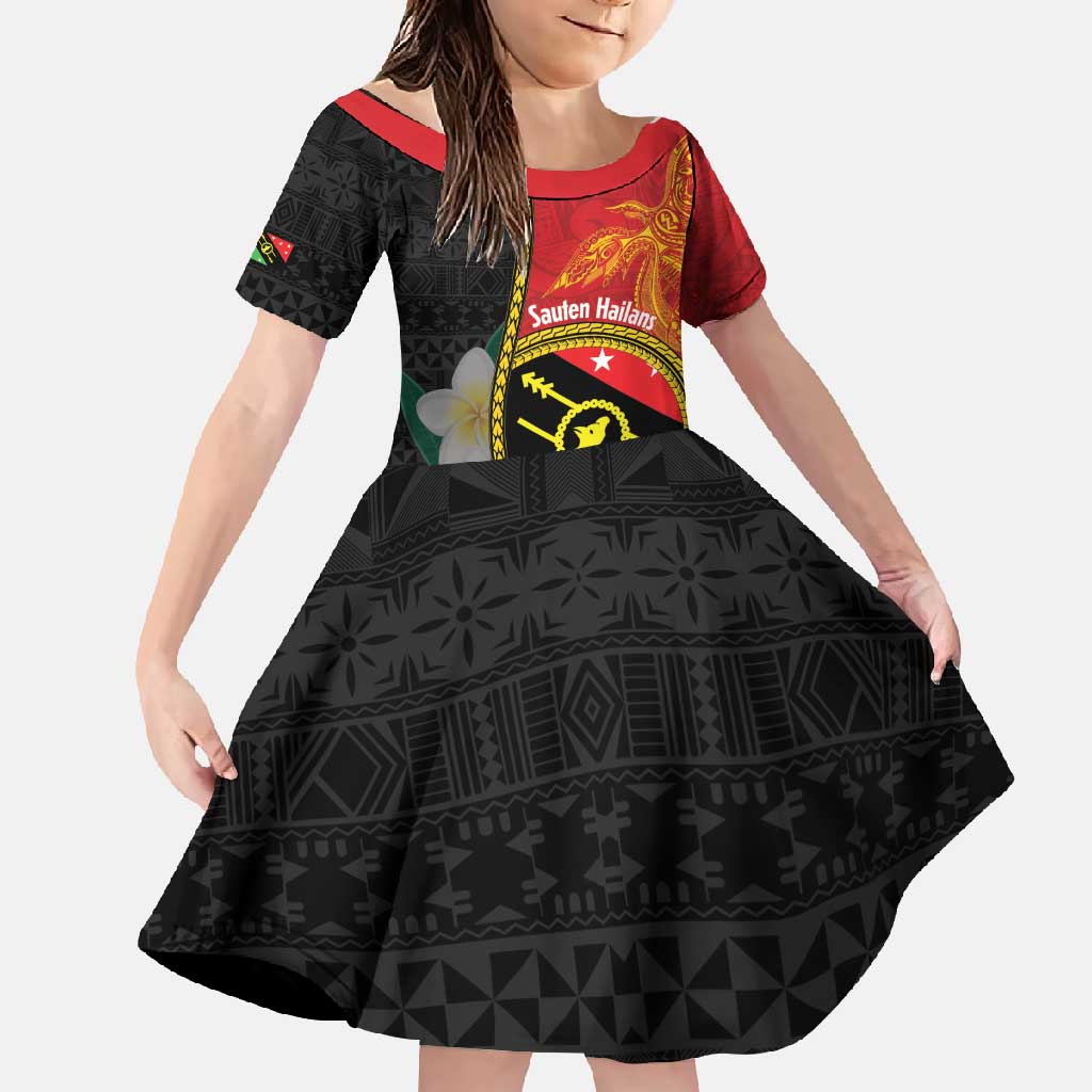 Personalised PNG Sauten Hailans Family Matching Long Sleeve Bodycon Dress and Hawaiian Shirt Papua New Guinea Plumeria Melanesian Pattern LT14 Daughter's Dress Red - Polynesian Pride