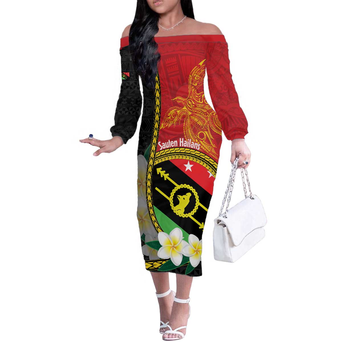 Personalised PNG Sauten Hailans Family Matching Off The Shoulder Long Sleeve Dress and Hawaiian Shirt Papua New Guinea Plumeria Melanesian Pattern LT14 Mom's Dress Red - Polynesian Pride