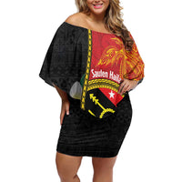 Personalised PNG Sauten Hailans Family Matching Off Shoulder Short Dress and Hawaiian Shirt Papua New Guinea Plumeria Melanesian Pattern LT14 Mom's Dress Red - Polynesian Pride