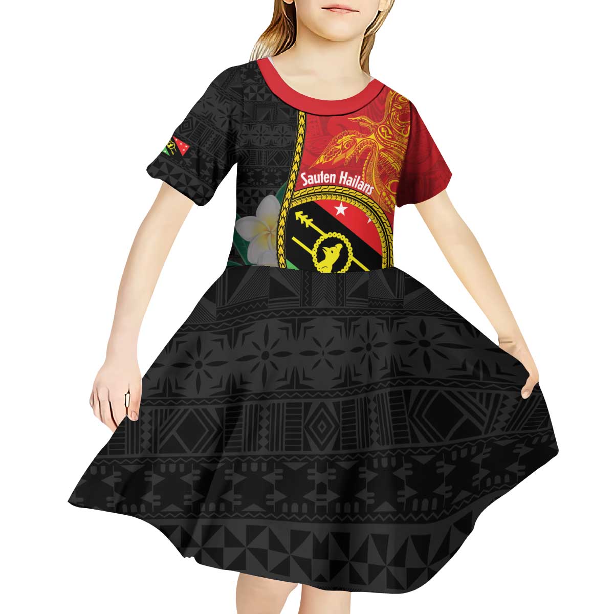 Personalised PNG Sauten Hailans Kid Short Sleeve Dress Papua New Guinea Plumeria Melanesian Pattern LT14 - Polynesian Pride