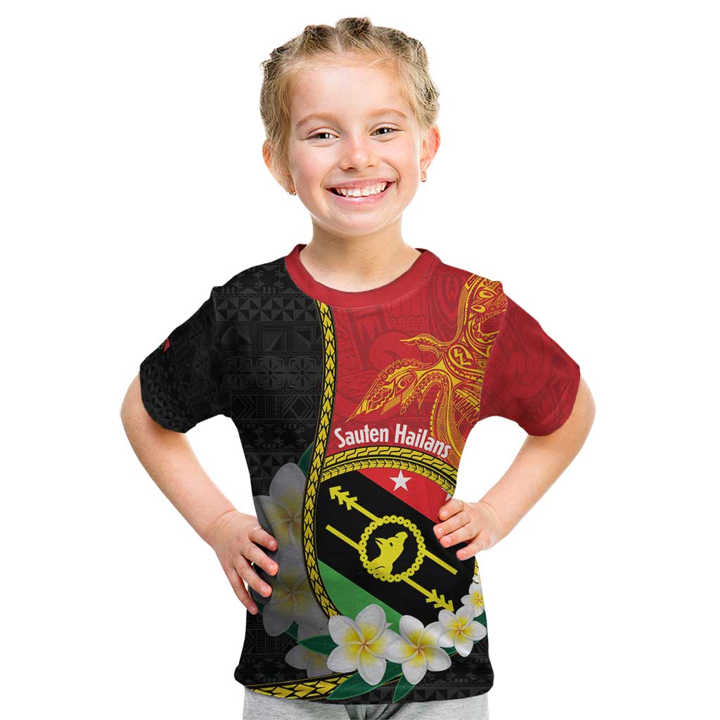 Personalised PNG Sauten Hailans Kid T Shirt Papua New Guinea Plumeria Melanesian Pattern LT14 Red - Polynesian Pride