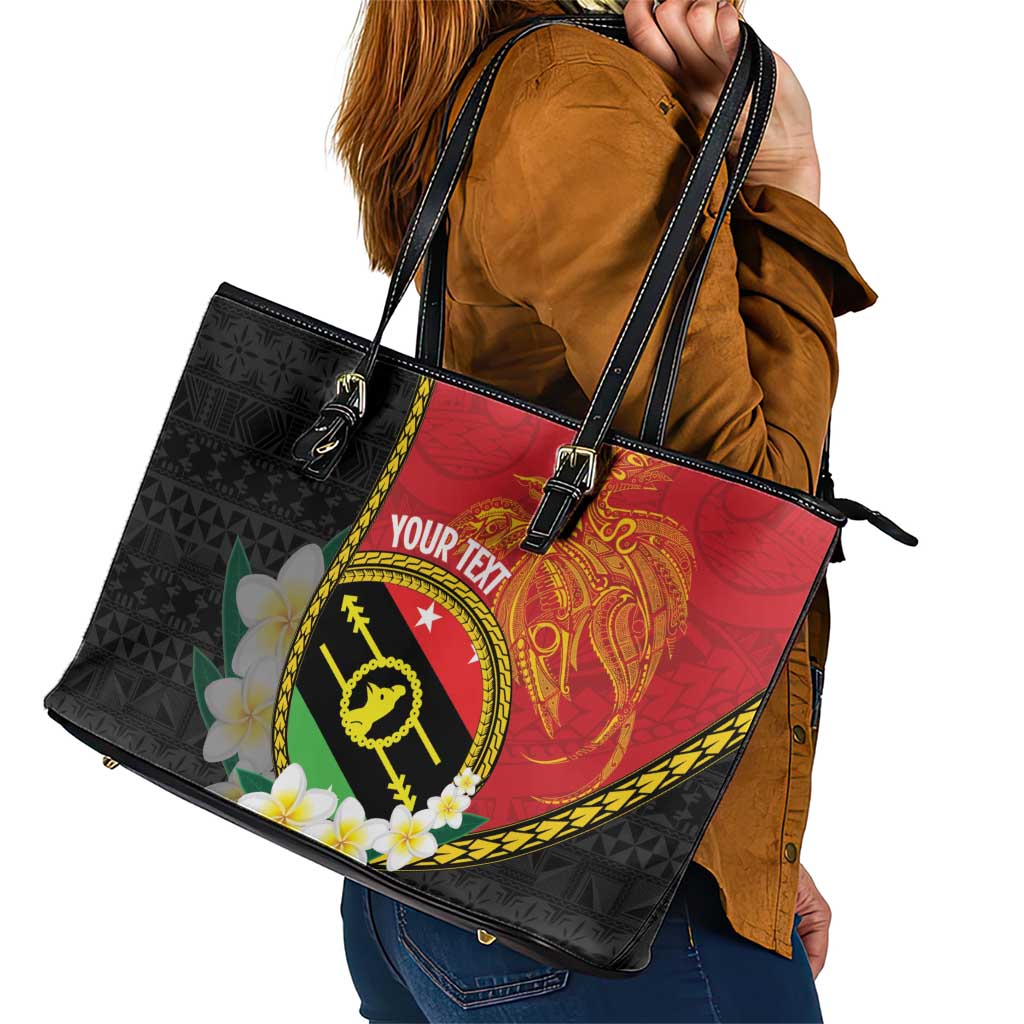Personalised PNG Sauten Hailans Leather Tote Bag Papua New Guinea Plumeria Melanesian Pattern LT14 - Polynesian Pride