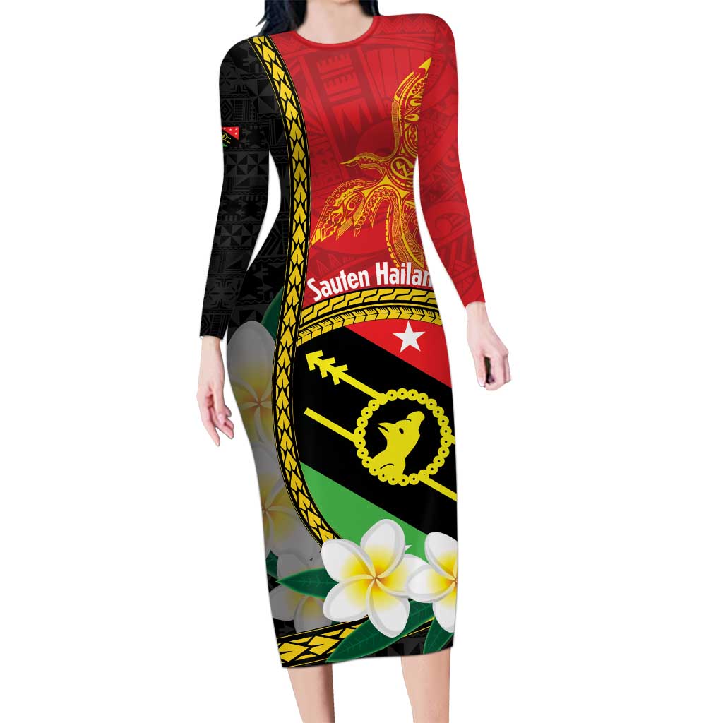 Personalised PNG Sauten Hailans Long Sleeve Bodycon Dress Papua New Guinea Plumeria Melanesian Pattern LT14 Long Dress Red - Polynesian Pride