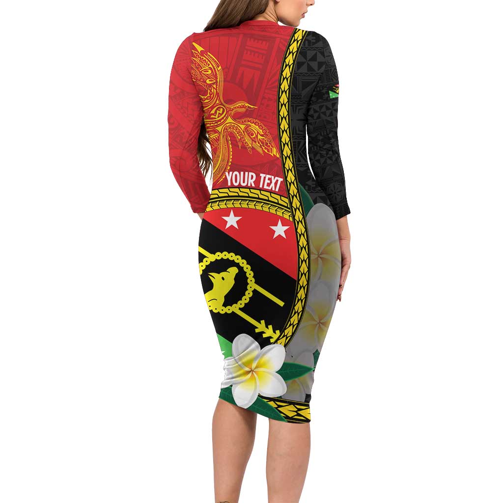 Personalised PNG Sauten Hailans Long Sleeve Bodycon Dress Papua New Guinea Plumeria Melanesian Pattern LT14 - Polynesian Pride