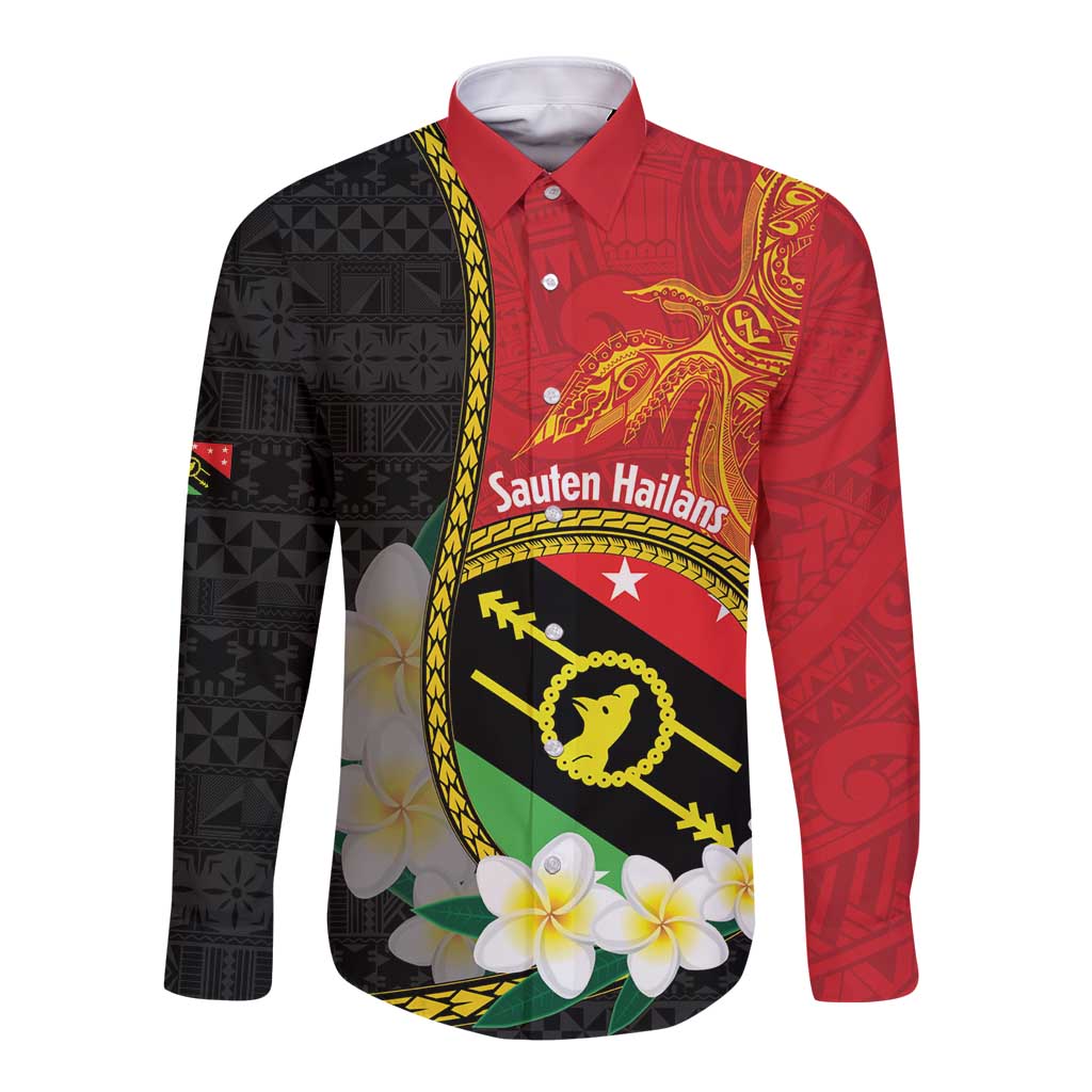 Personalised PNG Sauten Hailans Long Sleeve Button Shirt Papua New Guinea Plumeria Melanesian Pattern LT14 Unisex Red - Polynesian Pride