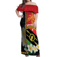 Personalised PNG Sauten Hailans Off Shoulder Maxi Dress Papua New Guinea Plumeria Melanesian Pattern LT14 Women Red - Polynesian Pride