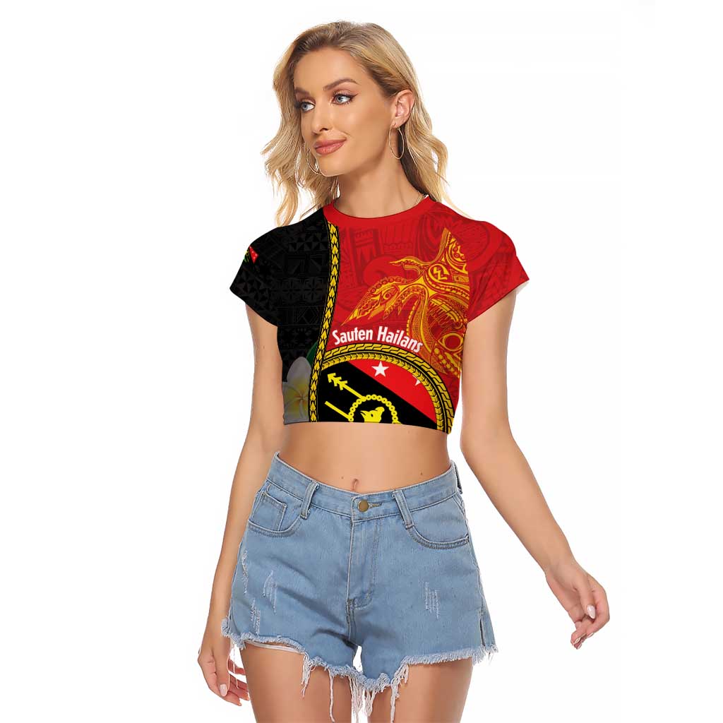 Personalised PNG Sauten Hailans Raglan Cropped T Shirt Papua New Guinea Plumeria Melanesian Pattern LT14 Female Red - Polynesian Pride
